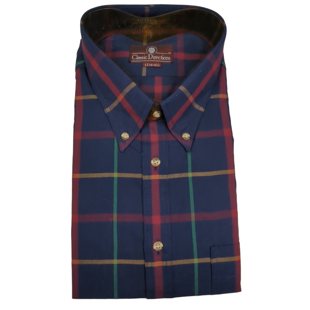 Classic Directions button front shirt blue red plaid LT Large Tall 16-16 1/2